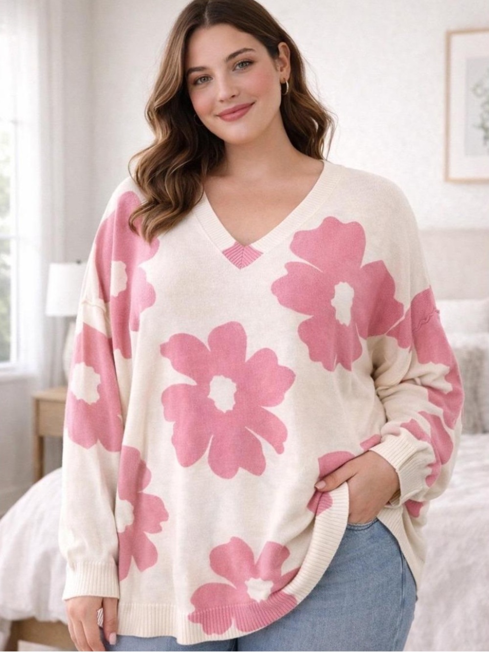 Torrid Womens Floral V Neck Sweater Size 1X White Pink Casual Lightweight